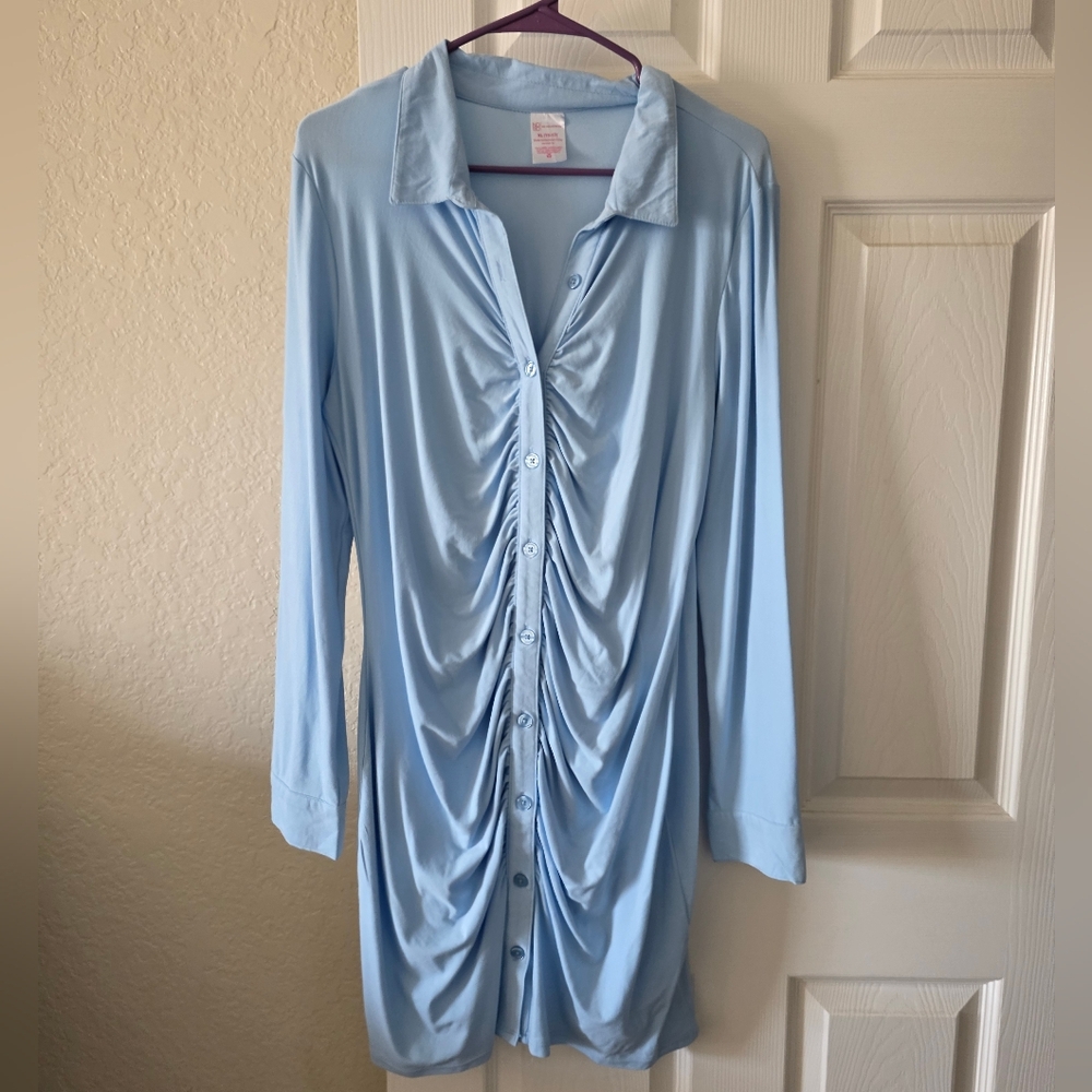 No Boundaries Sky Blue Ruched Button-Up Mini Dress